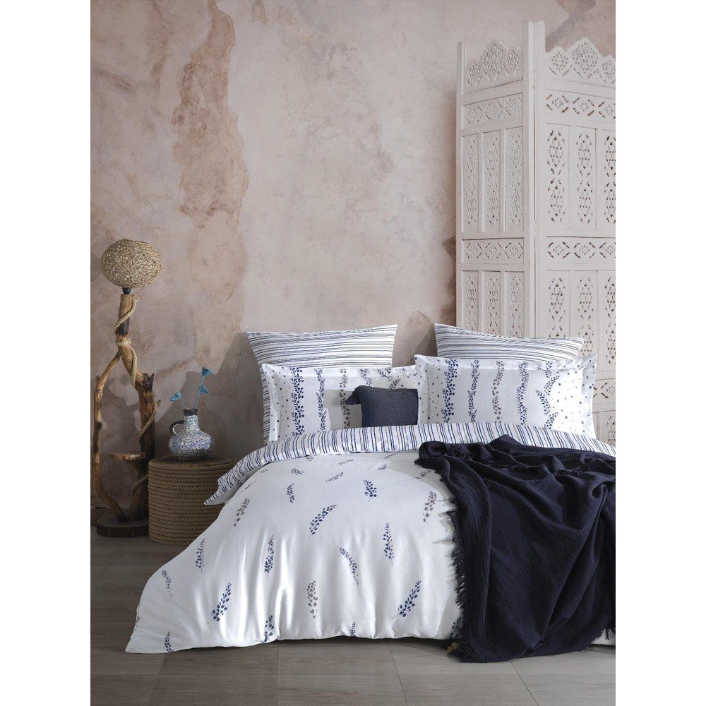 Biele/modré obliečky na jednolôžko z bavlneného saténu 140x200 cm Marseille Floral – Mila Home Luxury