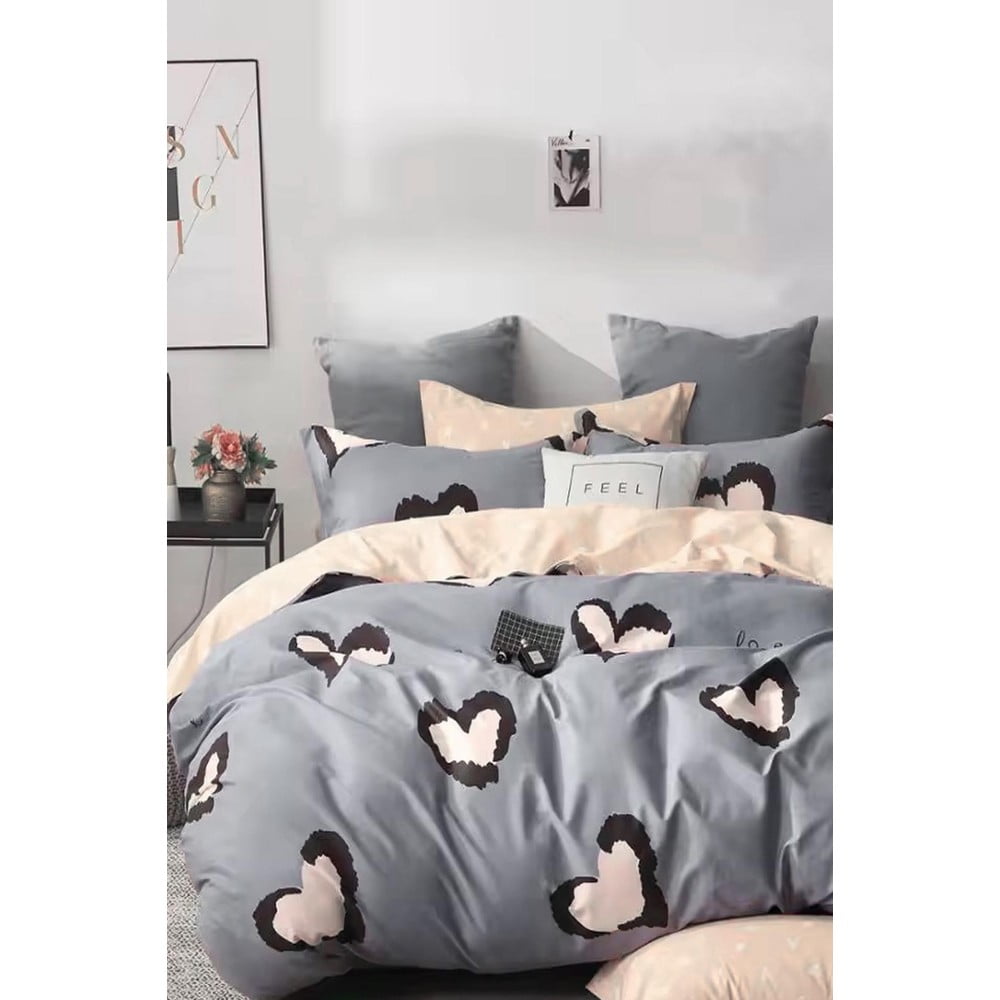Sivo-béžové predĺžené obliečky na dvojlôžko z bavlny Renforcé s plachtou/4-dielne 200x220 cm Double Heart – Mila Home