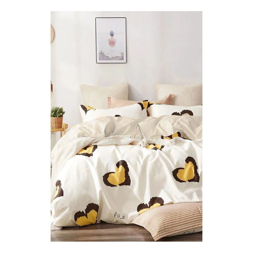 Žlté predĺžené obliečky na dvojlôžko z bavlny Renforcé s plachtou/4-dielne 200x220 cm Double Heart – Mila Home
