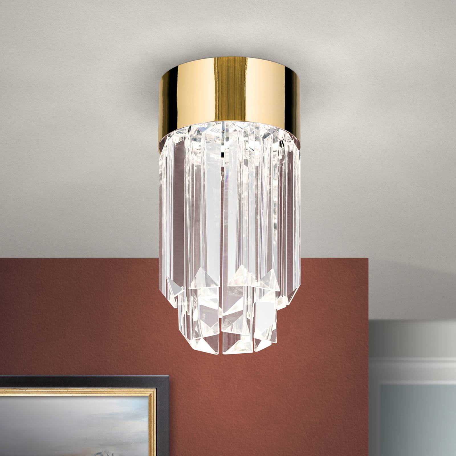 Stropné LED Prism krištáľové sklo, Ø 10 cm, zlatá