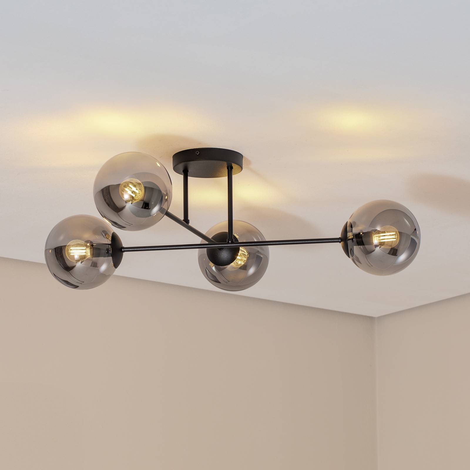 Stropné svietidlo Glassy, 4-pl. krížové čierne/grafitové