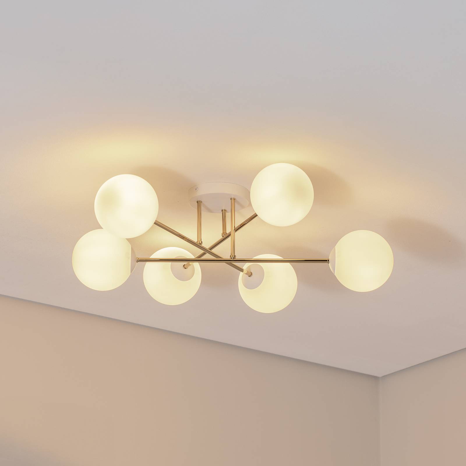 Stropné svietidlo Glassy, 6-pl., biela/zlatá/opálová